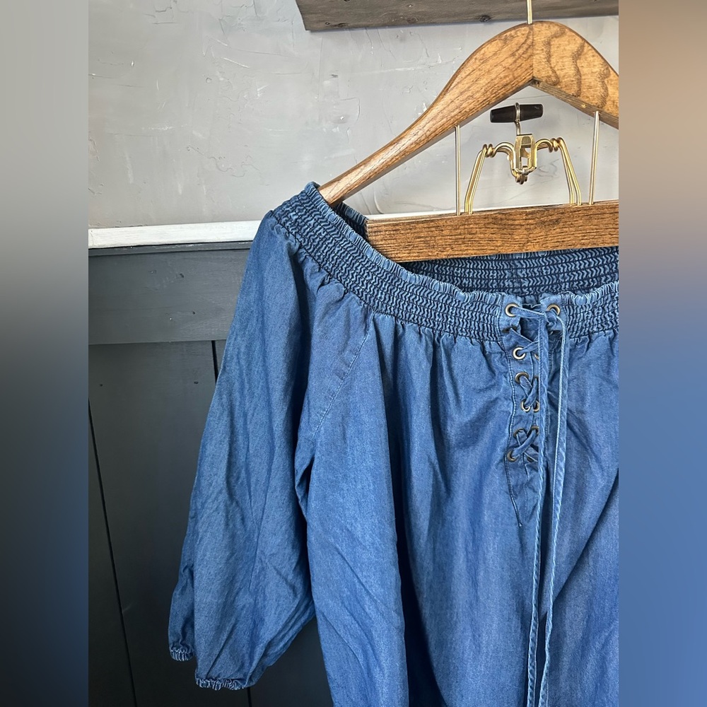 Boutique Off Shoulder Tie 3/4 Sleeve‎ Knee Length Blue Pullover Dress Plus Sz 1X - Picture 3 of 14